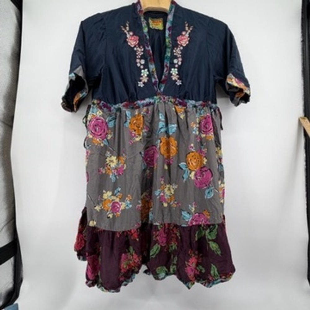 Johnny Was 100% Silk Floral Embroidered Tiered Boho Dress Navy Gray Plum 2X